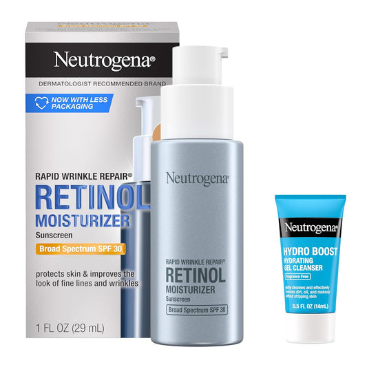 Neutrogena Rapid Wrinkle Repair Retinol Face Moisturizer with SPF 30, Daily Anti-Aging Face Cream, Retinol & Hyaluronic Acid & Trial Size Hydro Boost Facial Cleanser, 0.5 fl. oz