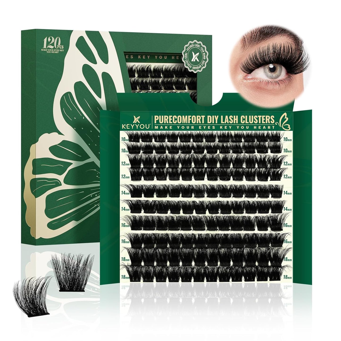 KEYYOU Lash Clusters 120pcs Eyelash Clusters 10-18mix D Curl Cluster Lashes Thick Super Soft Wispy DIY Eyelash Extension at Home(PC03-D-10-18MIX)