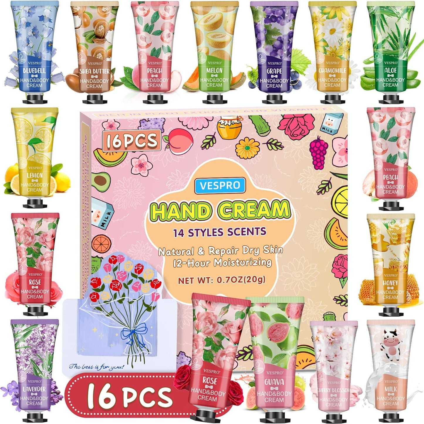 VESPRO 16 Pack Hand Cream Gifts Set, Birthday Gifts, Bridesmaid Gifts, Bulk Hand Lotion Travel Size for Dry Cracked Hands, Mini Hand Lotion for Thank You Gift and Mom Gifts with a Greeting Card