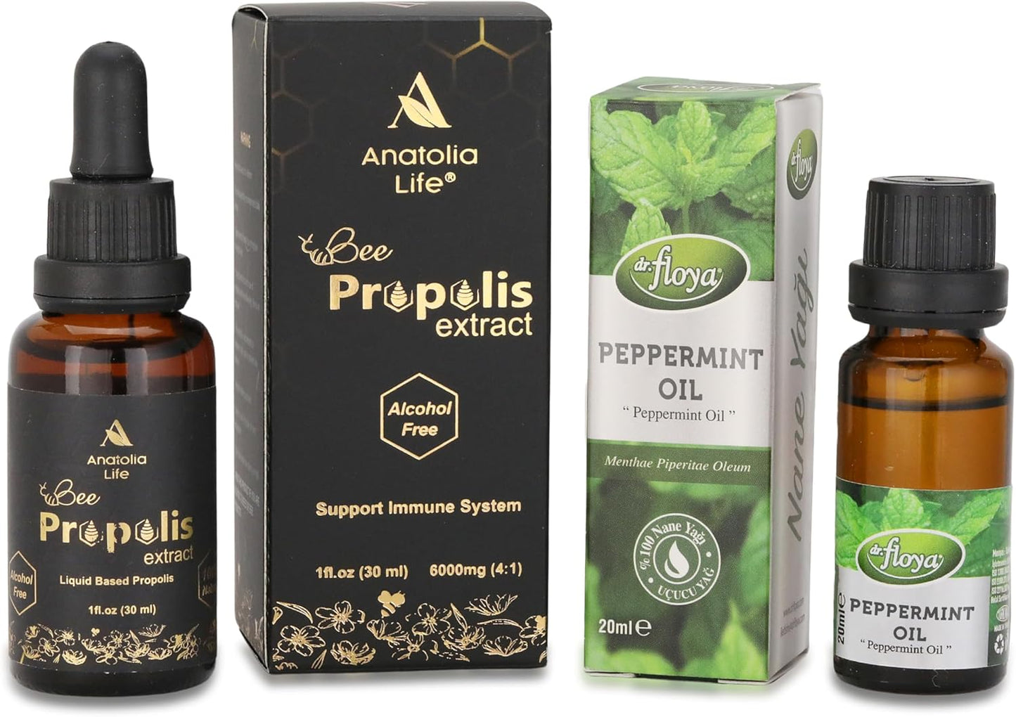 Bee Propolis Liquid Extract,Alcohol-Free Immune Support Supplement,30ml | 100% Pure Peppermint Essential Oil 20ml,Premium Grade Essential Oils for Home Diffusers, Aromatherapy,Massage and Humidifiers