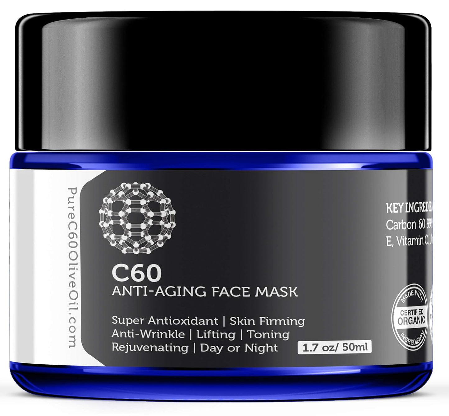 C60 Anti-Aging Face Mask 50ml with Green Tea, Aloe, Ubiquinone (CoQ 10), Vitamin E and Vitamin C for Men & Women Made with Organic Ingredients - From The Leading Global Producer