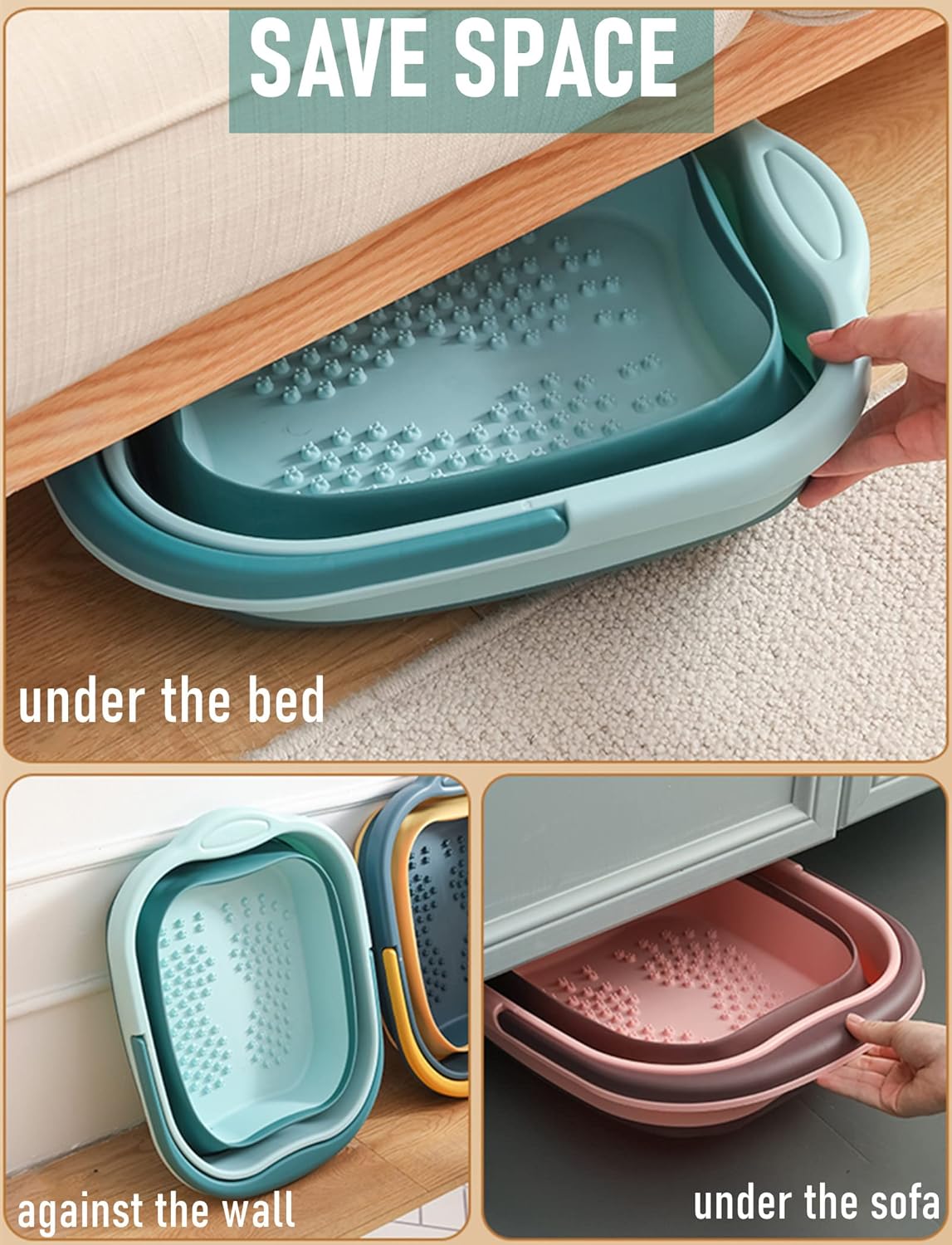 Collapsible Foot Bath Soak Tub with Handle, Plastic Foldable Feet Spa Soaking Basin Bucket with Massager Acupoint for Washing, Pedicure Foot Care Bathtub Bowl Tools for Pain Relief, Green