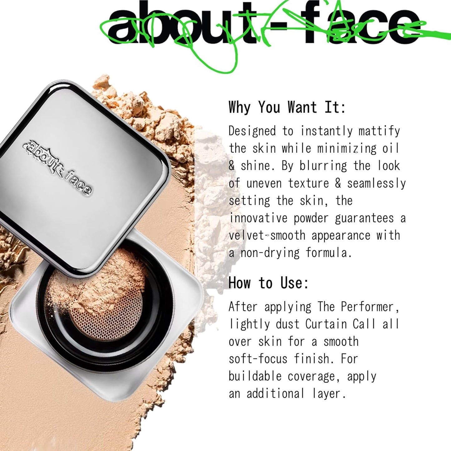 about-face Curtain Call Set & Smooth Loose Powder Veil – Lightweight, Oil-Absorbing Setting Powder with Rice Starch & Corn-Based Talc Alternative – Vegan, Cruelty-Free, Clean Beauty – 0.35oz (Light)