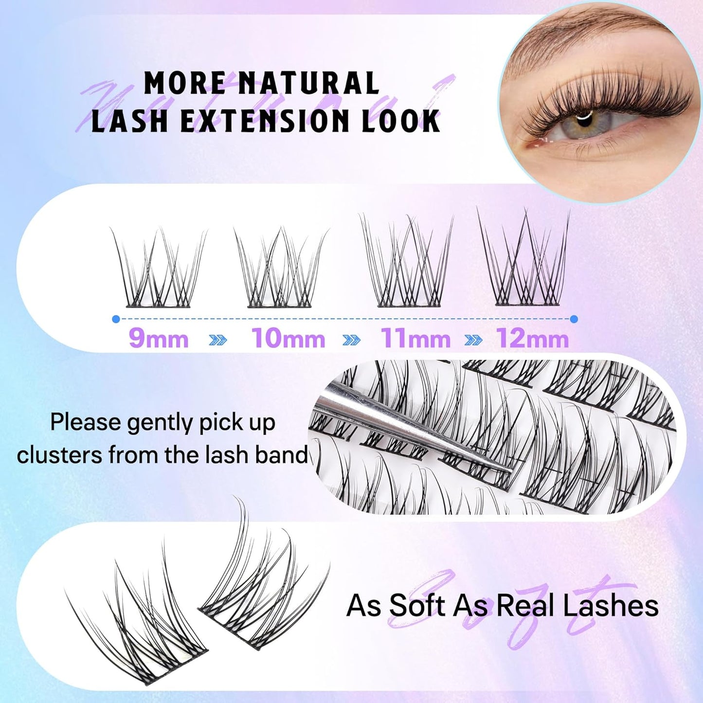 Natural Lash Clusters Kit DIY Lash Extension Kit Wispy Eyelash Extension Kit C-curly Individual Lashes Kit 9-12MM Short Eyelash Clusters with Lash Remover by Newcally