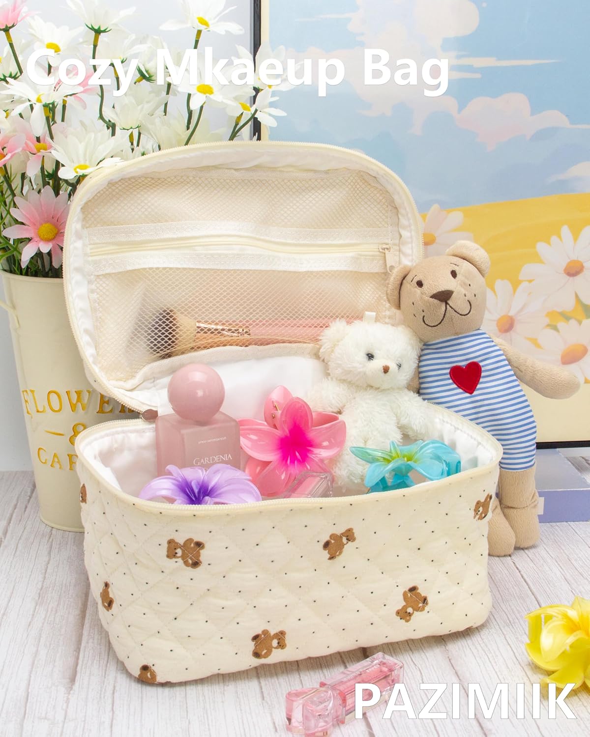 PAZIMIIK Quilted Makeup Bag Large Travel Zipper Soft Cosmetic Case for Women Girls Make Up,Gauze Bear