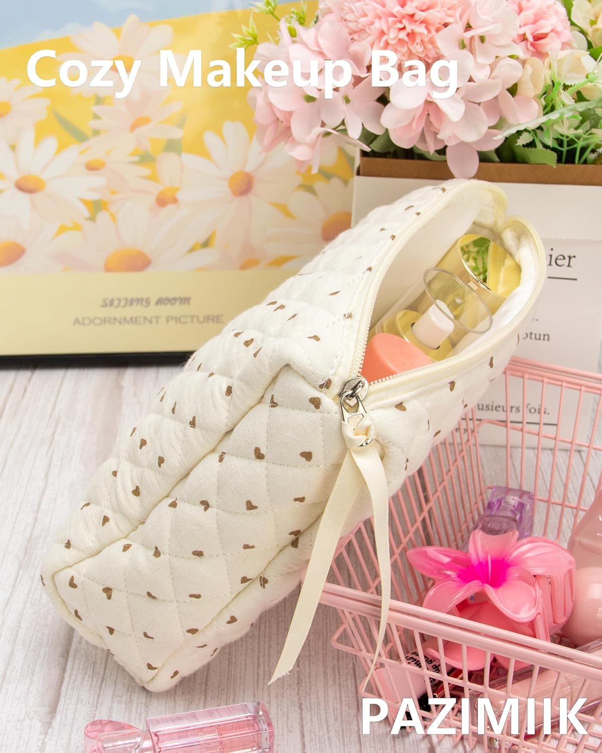 PAZIMIIK 3PCS Makeup Bag SET Large Travel Quilted Zipper Soft Cosmetic Case Pouch for Women Girls Make Up,Gauze Heart Coffee