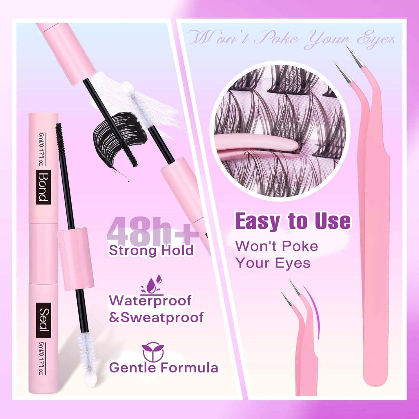 Natural Lash Clusters Kit DIY Lash Extension Kit Wispy Cluster Eyelash Extension 10-16MM C-curly Individual Lashes Kit Lash Bond and Seal by Newcally