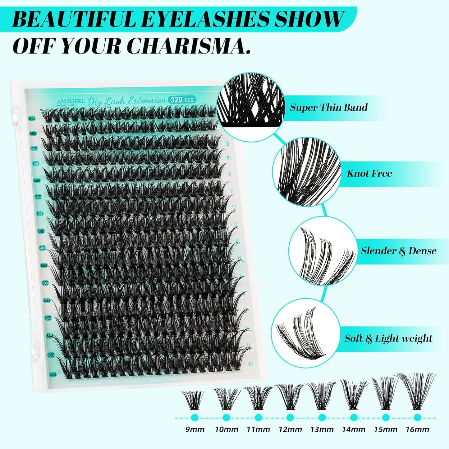 Lash Extension Kit 320Pcs,DIY Individual Lashes Clusters Kit,Lash Bond And Seal,Lash Remover For Eyelashes Extensions,Lash Applicator Tool For False Eyelash Cluster Kit At Home(50D,D-Mix9-16mm Kit)