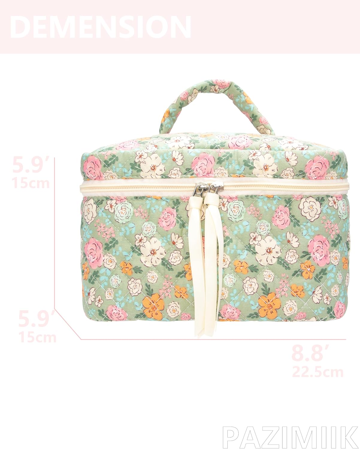 PAZIMIIK Quilted Makeup Bag Large Travel Zipper Soft Cosmetic Case for Women Girls Make Up,Green Flower
