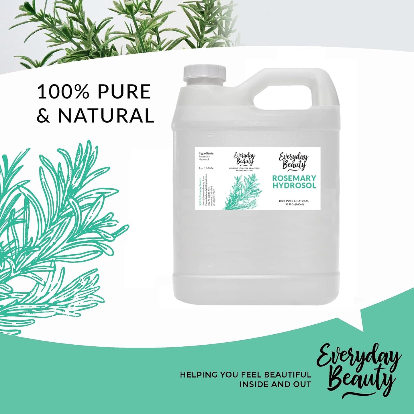Rosemary Hydrosol - Bulk 32 Fl Oz - Alcohol-Free Vegan All Natural Refreshing for Face, Scalp & Hair - Uplifts, Calming & Soothing for All Skin Types…