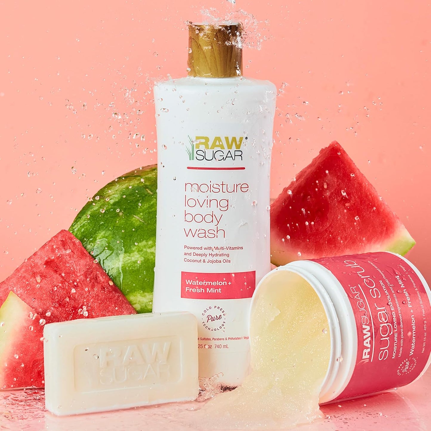 RAW SUGAR Simply Body Wash Variety Trio (25 Fl Oz, Pack of 3) Vegan Bath & Shower Gel, Raw Coconut + Mango, Pineapple + Maqui Berry + Coconut and Watermelon + Fresh Mint, No Sulfates & Parabens