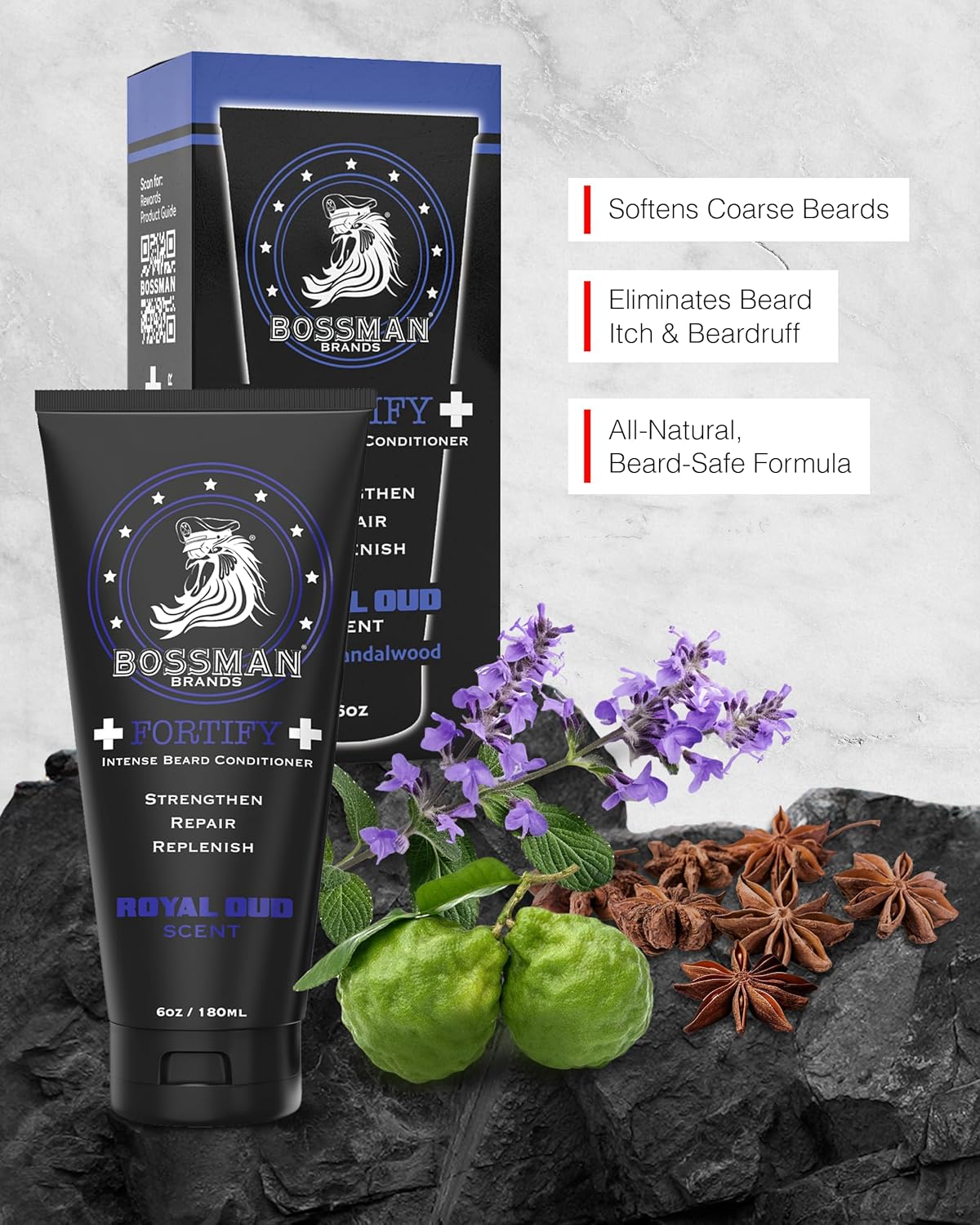 Bossman Fortify Intense Beard Conditioner for Men (Royal Oud Scent) – Moisturizes, Replenishes & Protects with Natural Ingredients – Thicker Formula, Made in USA