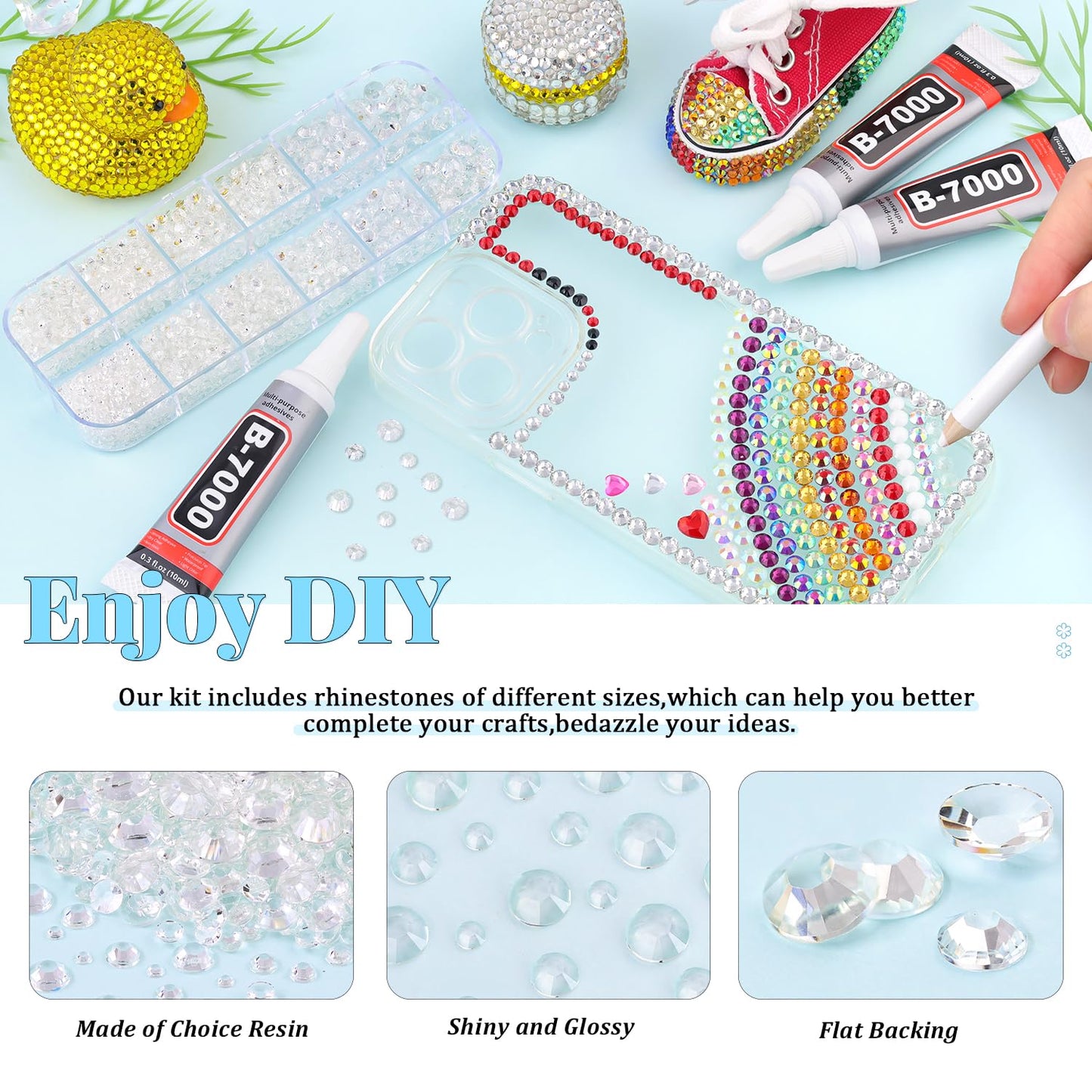 6000Pcs Resin Rhinestones for Bedazzling with 3Pcs B7000 Jewelry Glue, 1 Box Transparent Flatback Rhinestones for Crafting Crafts DIY, Crystals Gems for Clothing Shoes Tumblers Nail Art Makeup