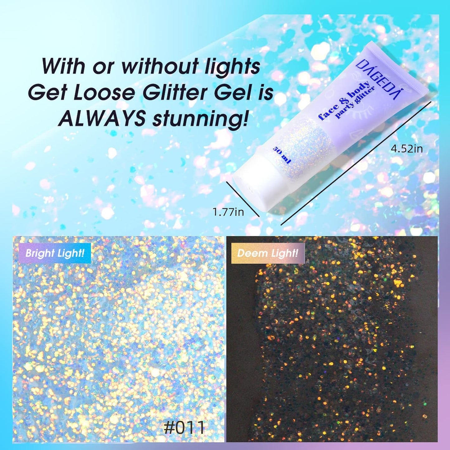 DAGEDA Body Glitter Gel, Holographic Face Glitters Body Gel Shimmer Liquid Eyeshadow, Color Changing Glitter for Face Hair Nails, Glitter Under Light Festival Glitter Makeup 1.7oz (Galaxy Blue)