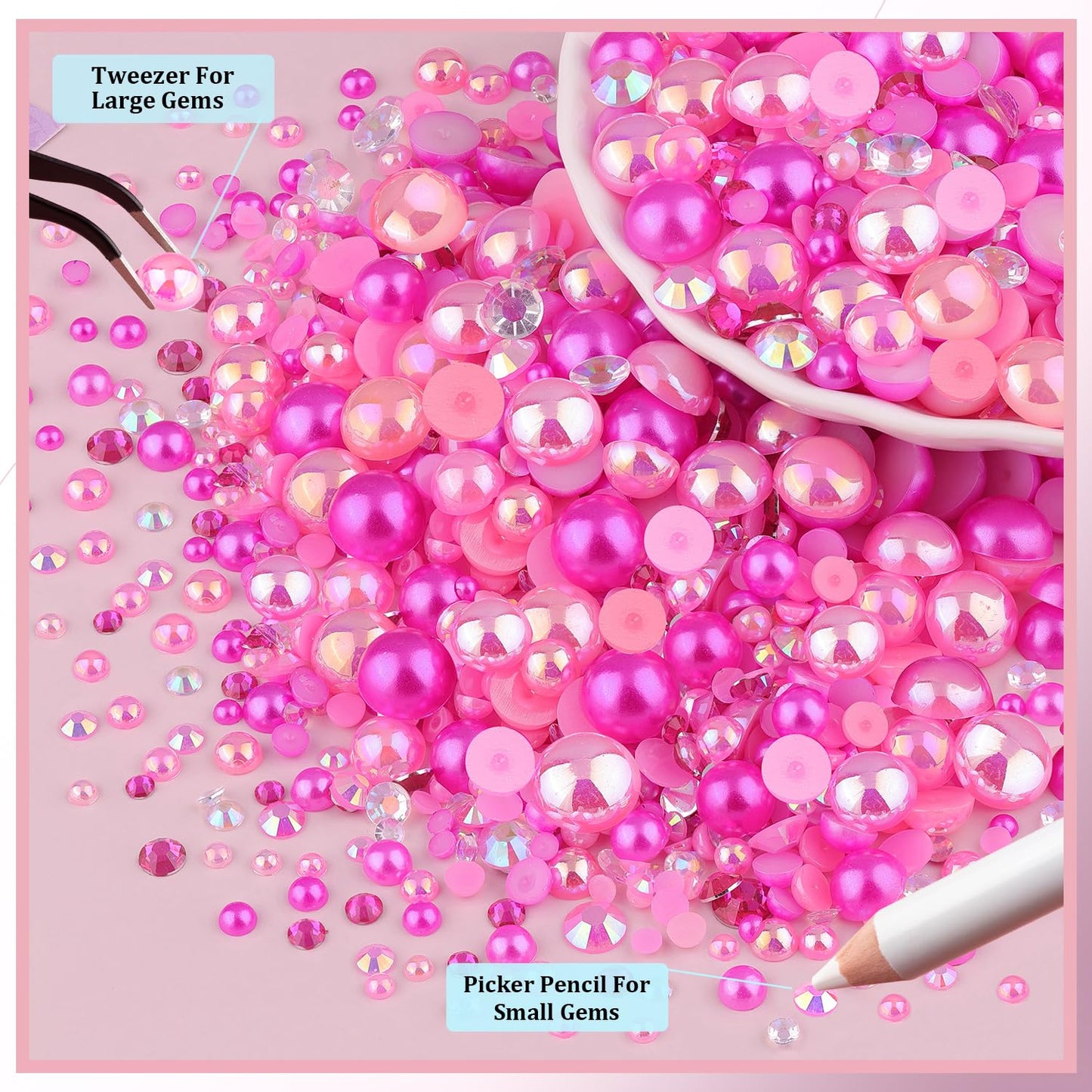 80g Flatback Pearls and Rhinestones for Crafting, Dark Pink Mixed Size 3-10mm Resin Rhinestones and Half Pearls for Bedazzling, Nail Art and Decoration with Tweezer and Pickup Pencil