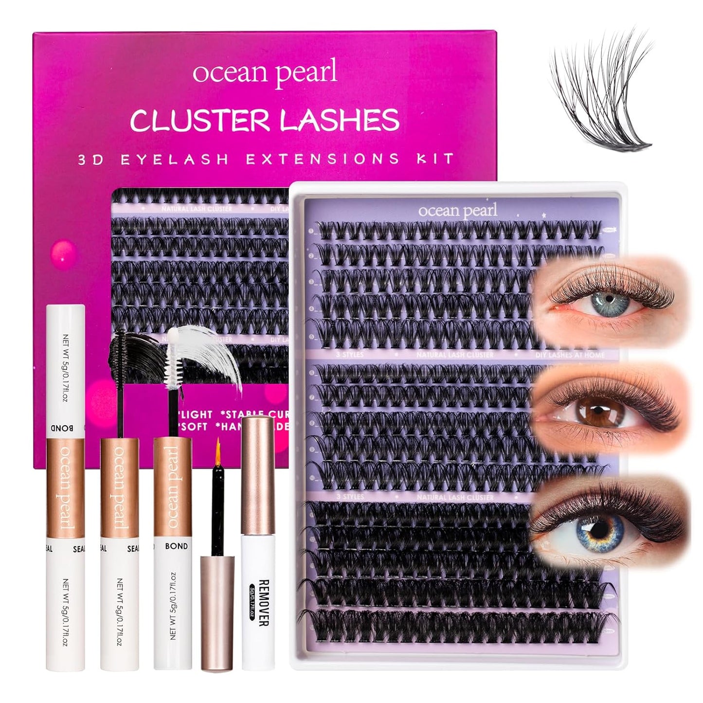 Ocean Pearl Lash Clusters 320PCS 11-20mm Lash Extension Kit 40D+50D+100D Eyelash Extension Kit Individual Lashes Thick Eyelash Clusters Lashes Clusters with Eyelashes Bond+Seal+Remover+Tweezer-100D