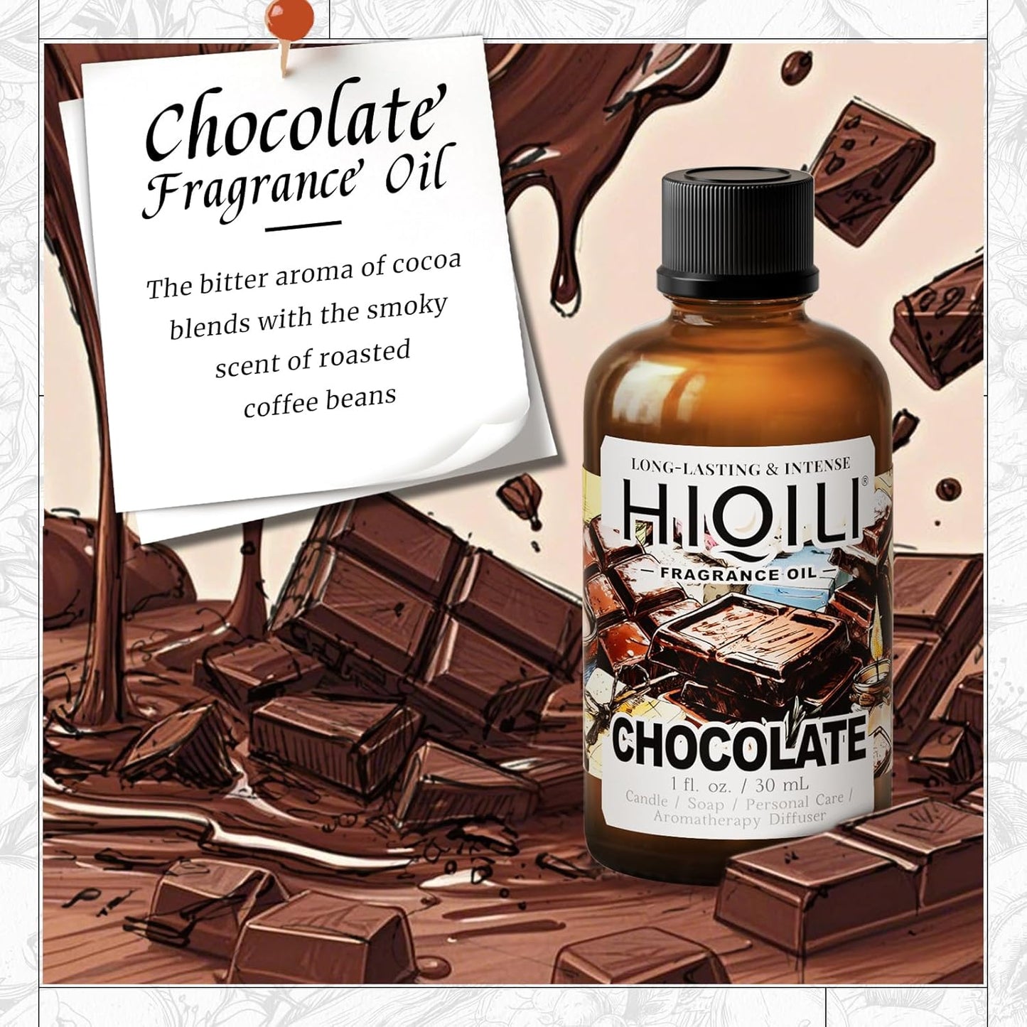 HIQILI Chocolate Fragrance Oil for DIY Candle, Soap & Bath Salts Making, Long Lasting Scents for Home Essential Oil Diffuser - 1 Fl Oz