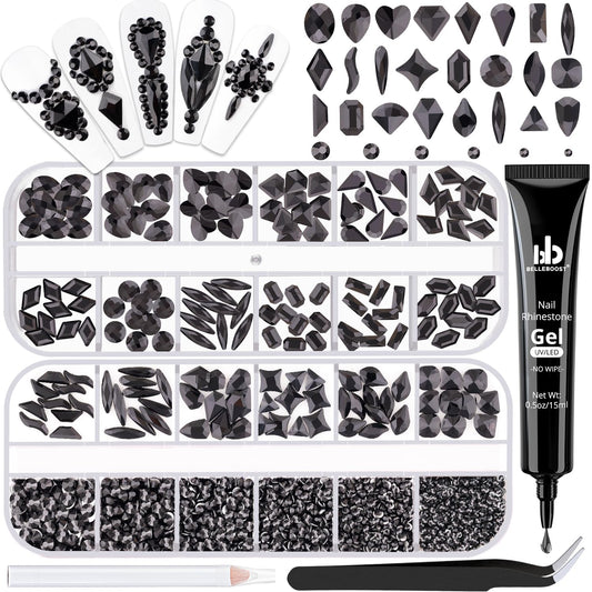 Glass Nail Rhinestones Multi-Shapes Flatback Gems, Round Crystal Glue Gel + 1500Pcs,arty Nails Diamond Gemstones