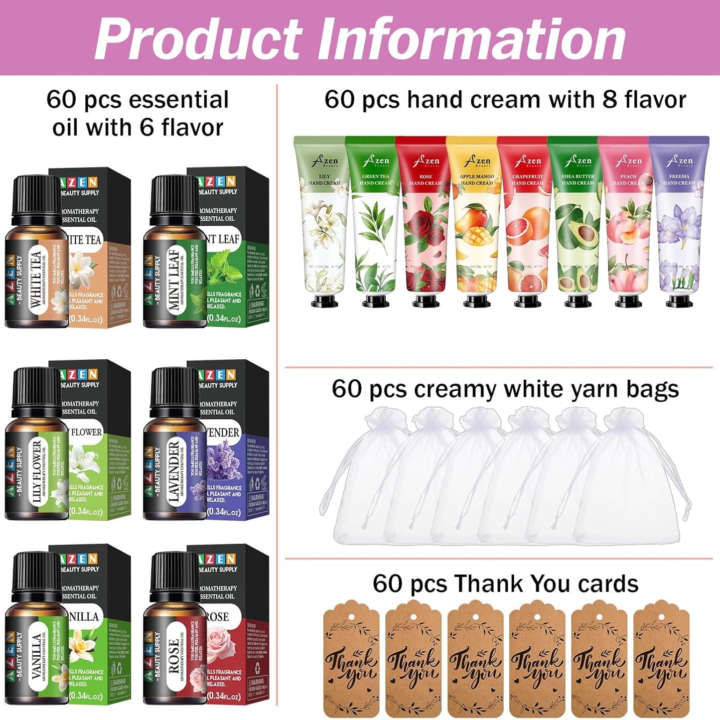 AZEN 60 Sets Bulk Gifts, Hand Cream and Essential Oils Bulk Set with Organza Bag Thank You Card, Baby Shower Wedding Gifts for Guests, Bridal Wedding Favors for Guests,Thank You Gifts for Women