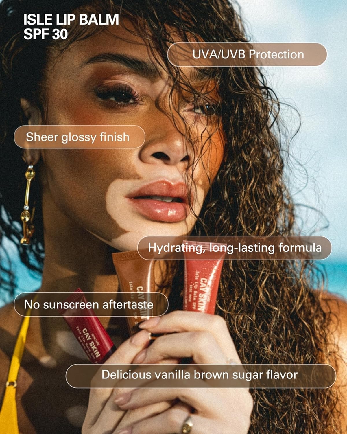 Cay Skin Isle Lip Balm SPF 30 – High Shine, Hydrating + Sheer Lip Gloss in Vanilla Brown Sugar Flavor – Formulated with Natural Ingredients for All Skin Tones – 3-Pack, Clear, 1.05 oz