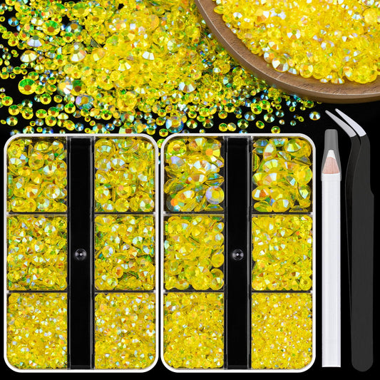 Resin Rhinestones Crafting, 2/3/4/5/6mm Flatback Jelly Rhinestones, 2 Boxes Transparent Lemon Yellow AB Non Hotfix Crystal Gems for Bedazzling Crafts Mugs Tumblers Clothes Makeup Nail