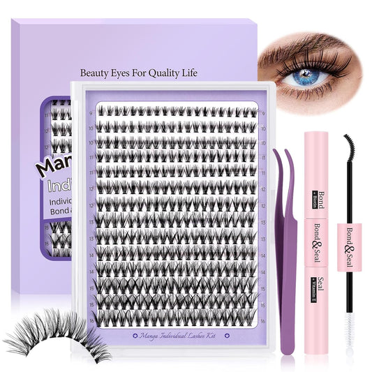 B&Qaugen Lash Extension Kit for Beginners Eyelash Extension Kit Manga Lash Clusters Set 280 PCS Individual Eyelashes Set Volume 30D Soft D Curl Eye Extension Eyelashes(Manga-30D-D-9-16MIX)