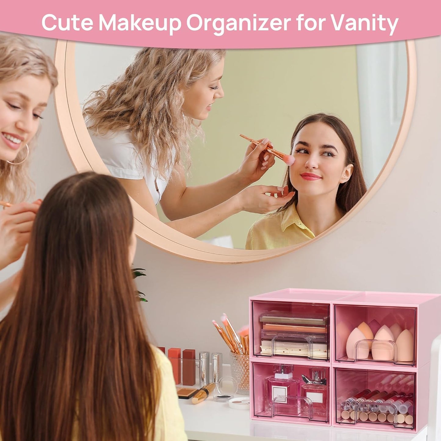 Vtopmart 4Pack Stackable Storage Drawers, 4.4'' Tall Bathroom Makeup Organizer,Plastic Storage Bins For Vanity, Undersink, Kitchen Cabinet, Pantry, Home Organization(Pink)