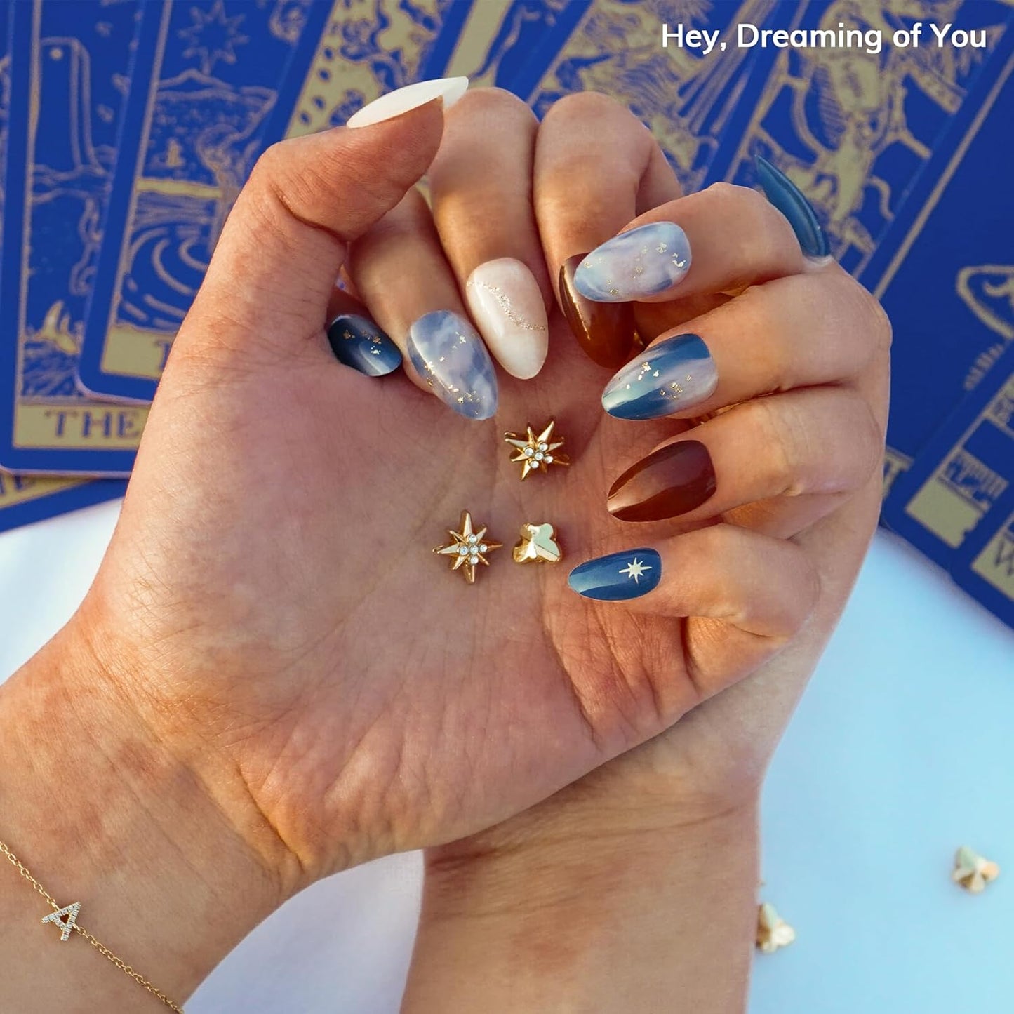 Semi Cured Gel Nail Strips | No LED Lamp Needed | Marble, Blue, Spring | Easy Apply & Remove, Salon Quality | Includes 28 Strips, 1 Prep Pads, Nail File & Wooden Stick - Hey, Dreaming of You