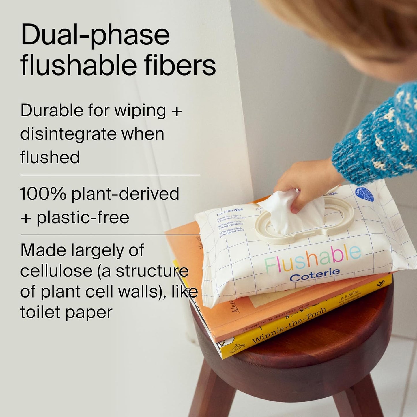 Coterie Flushable Wipes for Sensitive Skin, Hypoallergenic, 99% Water, Plant-Based Fibers, Sewer + Septic Safe to Flush, Fragrance Free Potty Training Toddler Toilet Wipes | 12 Packs (672 Count)