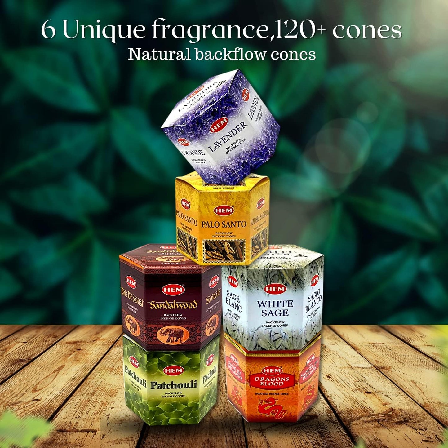 Hem Backflow Incense Cones Variety - Large Pack 240 Cones + 6 Type| Palo Santo, Lavender, Sandalwood, White sage, Patchouli & Dragons Blood
