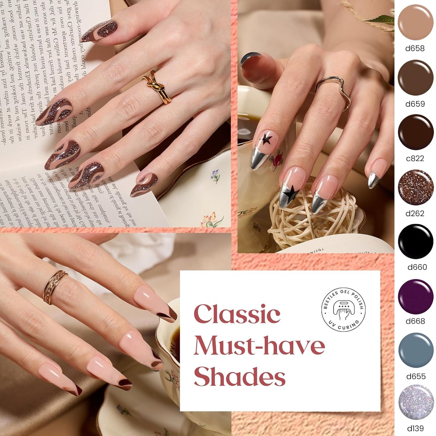 Beetles Gel Polish Liner Nail Art Set, 50 Colors Spring Summer Reflective Glitter Pink Red Blue Green Silver Gel Polish Soak Off UV Built Thin Brush in Bottle Nail Design Polish Rainbow Nails