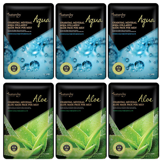 Charcoal Mineral Mask Pack for Men, Korean Skincare Face Wrinkle Treatmen Mask Sheets, Men's Skin Care Sets, Travel Essentials & Gift Sets for Men (Collagen & Aloe, Pack of 6pcs)
