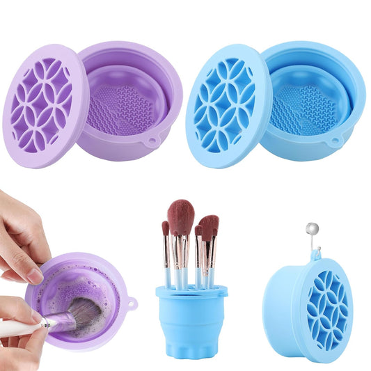 Makeup Brush Cleaner - Foldable Silicone Makeup Brush Cleaner Mat with Brush Storage Holder Makeup Brush Cleaning Bowl Cosmetic Brush Washing Tool for Cleaning Organizer and Drying (Purple and Blue)