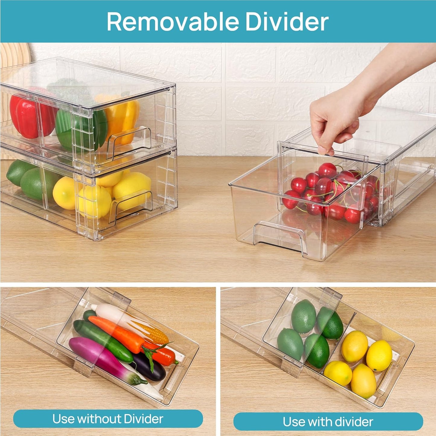 Vtopmart 2 Pack Stackable Storage Drawers,Clear Acrylic Drawer Organizers with Handles, Easily Assemble Containers for Fridge, Bathroom,Kitchen Undersink,Cabinet,Pantry Organization and Storage