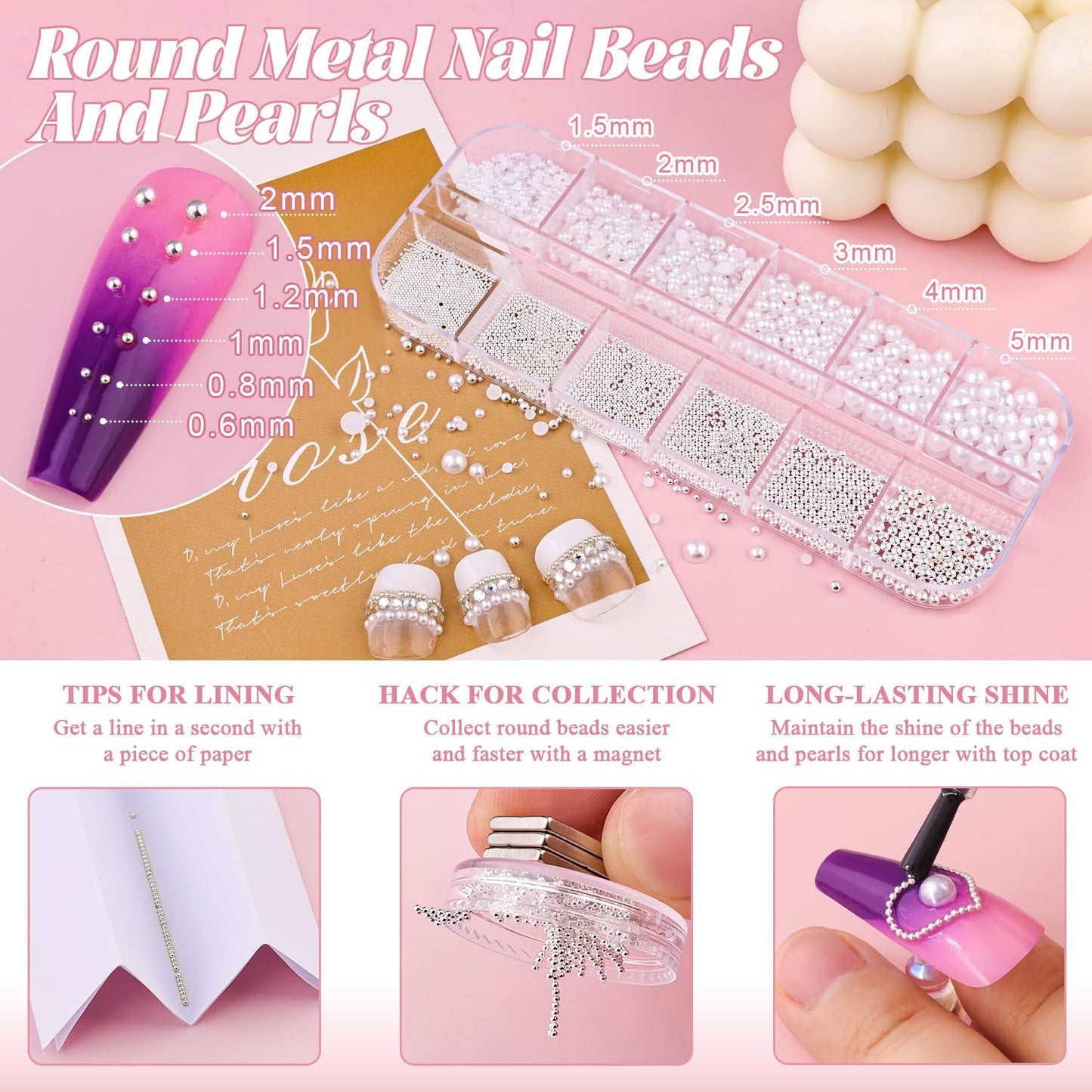 Flatback Pearls (White) and Metal Nail Beads (Silver) and Glass Rhinestones (Clear+AB) with Rhinestones Glue Gel for Nail Art, Pearl Nail Charms and Round Caviar Beads Crystals Gem for Manicure Decor