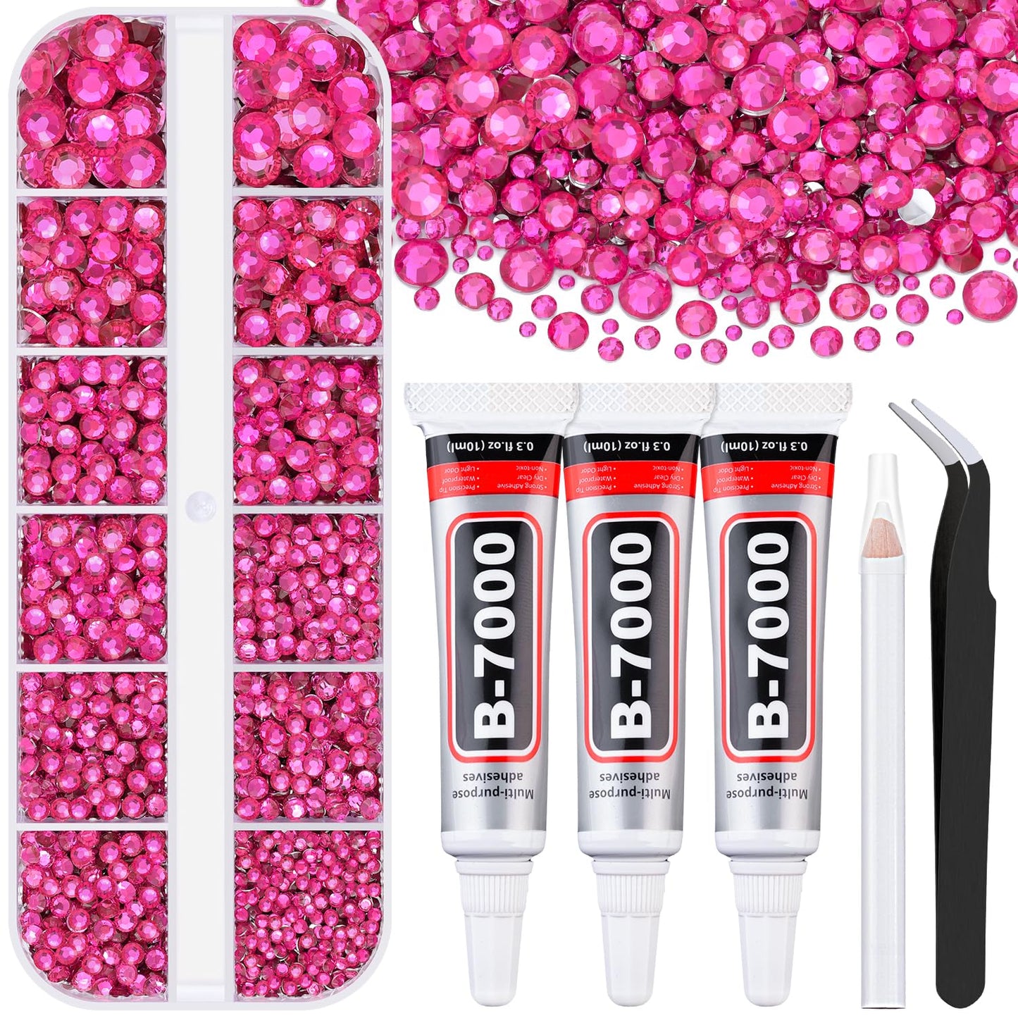 6000Pcs Resin Rhinestones for Bedazzling with 3Pcs B7000 Jewelry Glue, 1 Box Hot Pink Flatback Rhinestones for Crafting Crafts DIY, Crystals Gems for Clothing Shoes Tumblers Nail Art Makeup