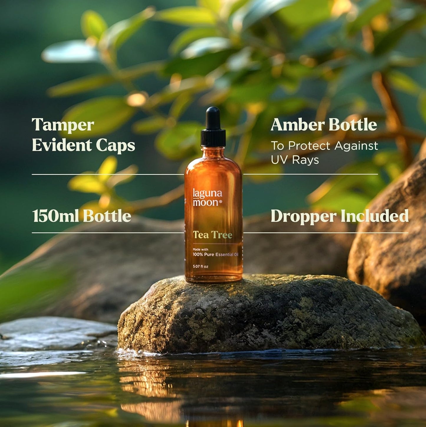 Lagunamoon Australian Tea Tree Essential Oil (150ml) - XXL Bottle with Drops for Candle Making Scents and Cleaning Products - Fragrance Oil for Aromatherapy, Relaxation, Diffusers, Yoga, Home Care