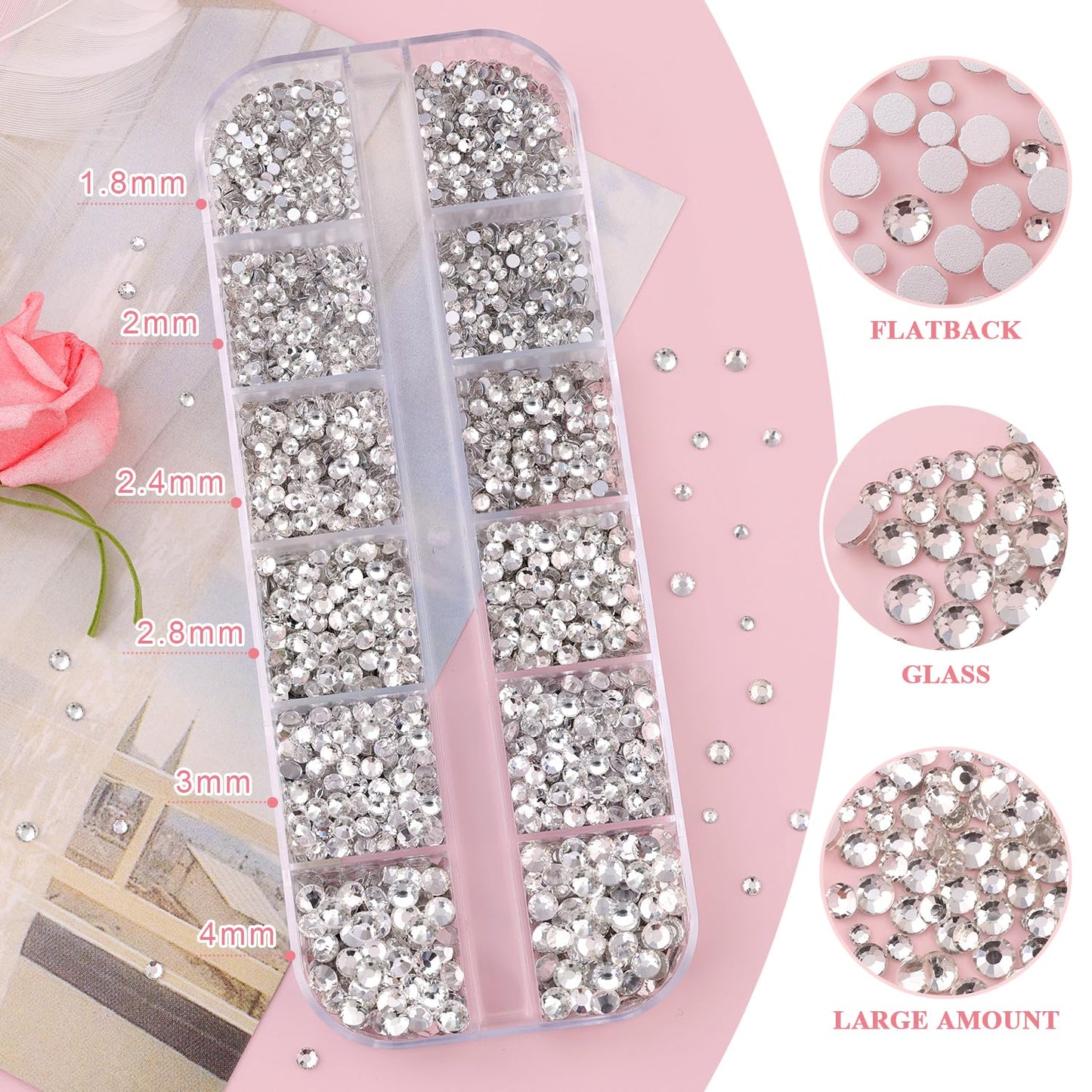 3600pcs Glass Transparent White Nail Rhinestones 6 Sizes(1.8/2/2.4/2.8/3/4mm) Flatback Crystal Nail Charms Jewels Decoration for Nail Art and Crafting, Tweezer and Pickup Pen included