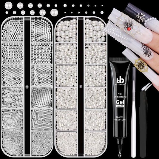 2 Boxes Flatback Pearls (White) and Metal Nail Beads (Silver) with Rhinestones Glue Gel for Nail Art, Pearl Nail Charms and Round Caviar Beads Nail Accessories for Acrylic Nail Tips Manicure Decor