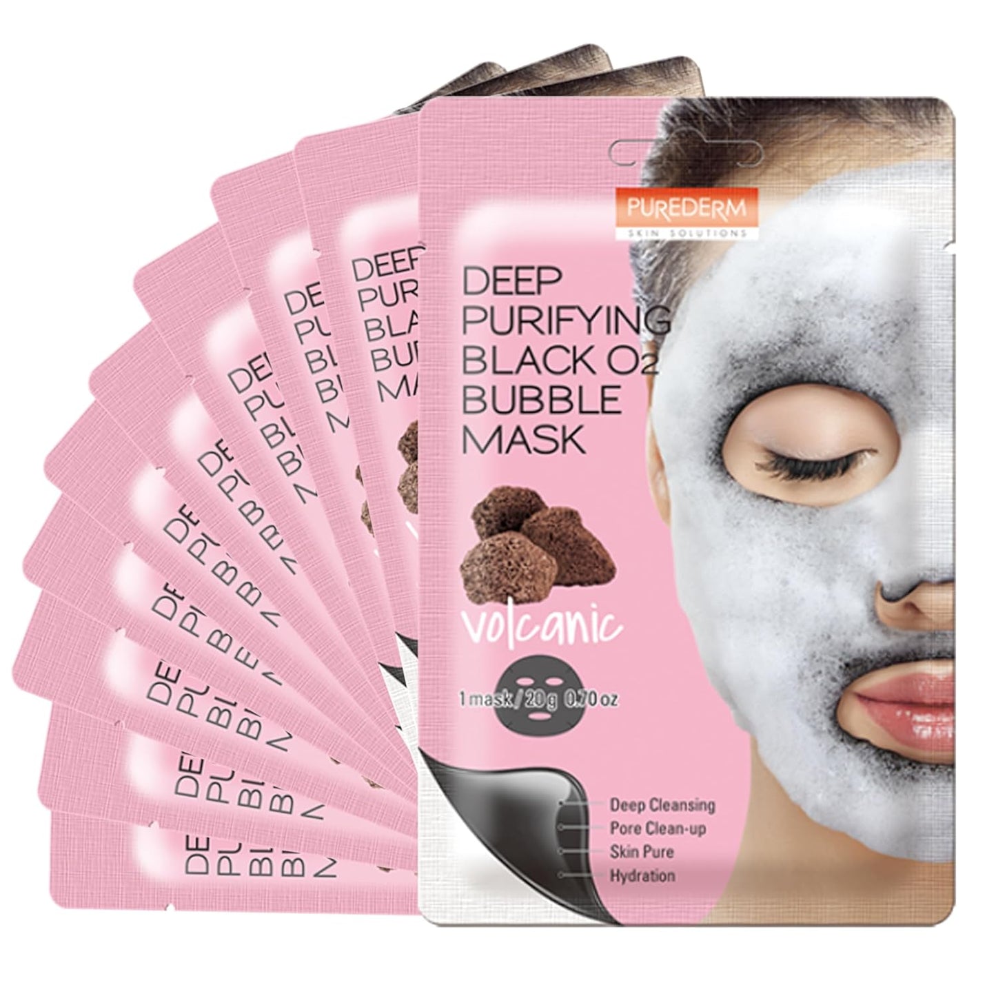 Purederm Deep Purifying Black O2 Bubble Mask Volcanic (10 Pack) - Bubble Face Sheet Mask for Purifying & Deep Cleansing
