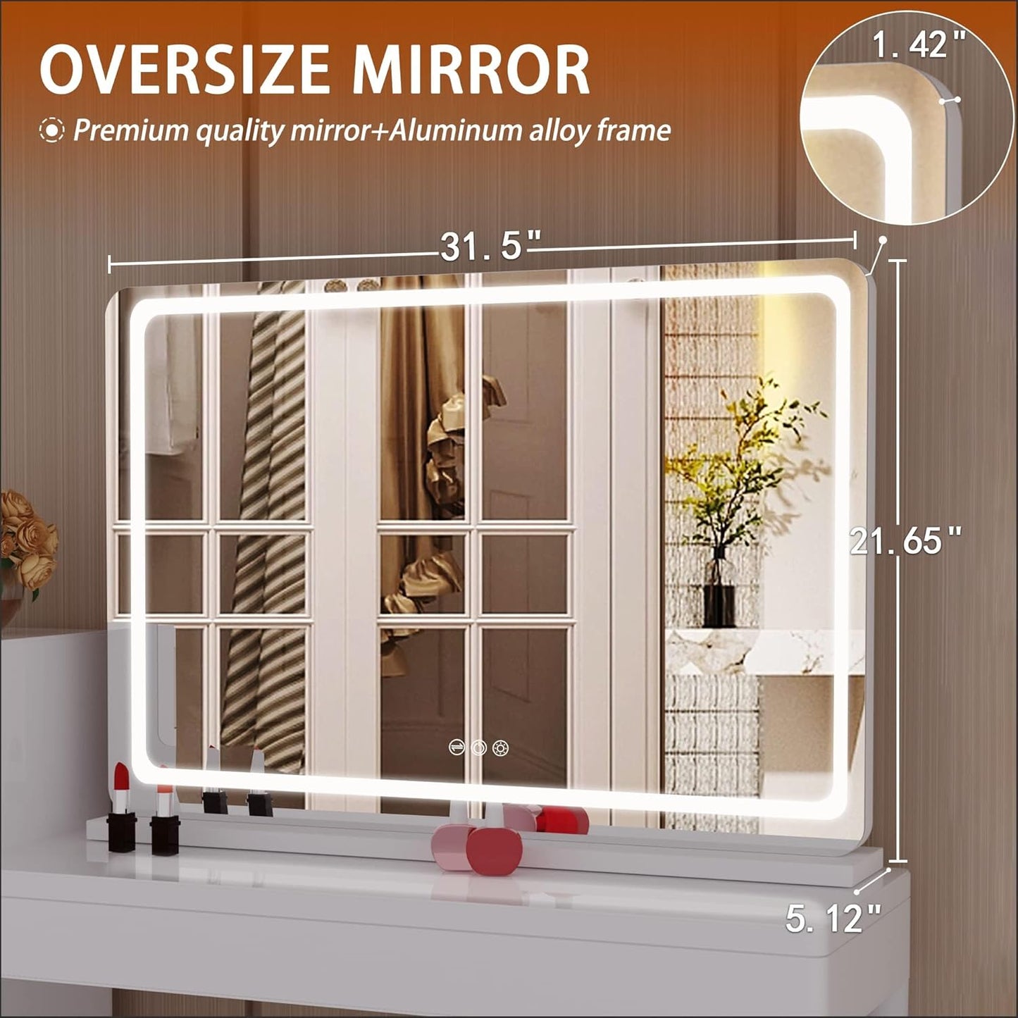 Hasipu Vanity Mirror with Lights, 31.5" x 22" LED Makeup Mirror, Lighted Makeup Mirror with Dimmable 3 Modes, Touch Screen Control Vanity Mirror Round White