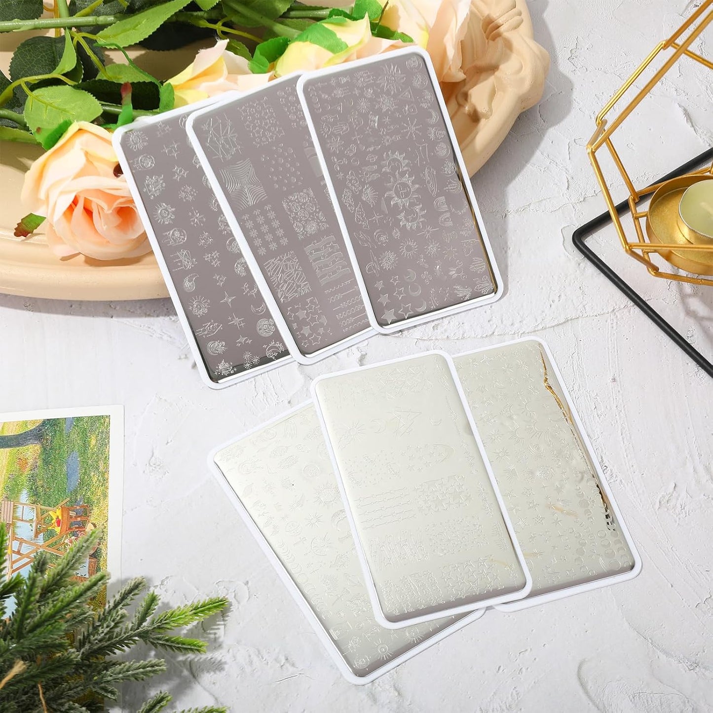 Whaline 6Pcs Sun Moon Star Nail Plates Stamping Set Groovy Stamp Templates Nail Art Plates for DIY Print Manicure Salon Design Gift Supplies