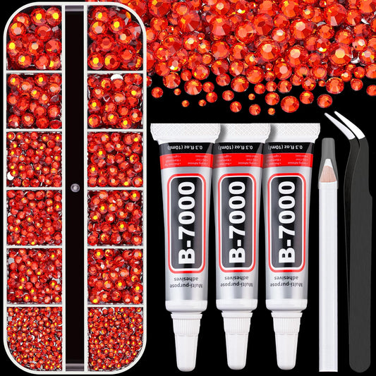 Resin Rhinestones for Crafting with B7000 Jewelry Glue, 1 Box Red Zircon Flatback Crystals with 3Pcs 10ml Glue for Bedazzling Crafts DIY Nail Art Makeup，Non Hotfix Gems for Clothing Shoes