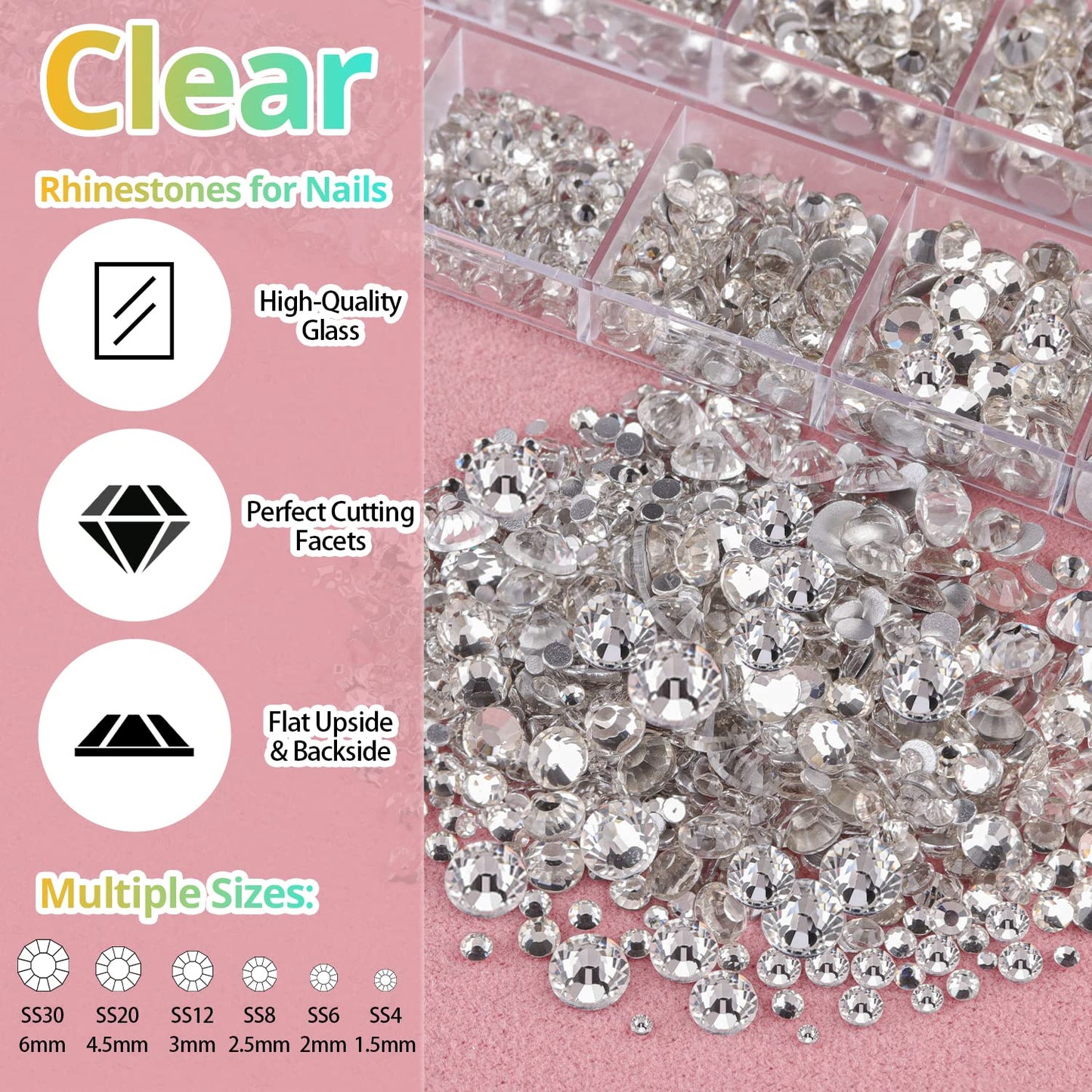 1.5-6mm Round Flatback Face Gems Kit (Clear) for Makeup with Quick Dry Glue + Brush + Tweezer, Nail Art Rhinestones Transparent White Glass Crystal Beads for Make-up Deco