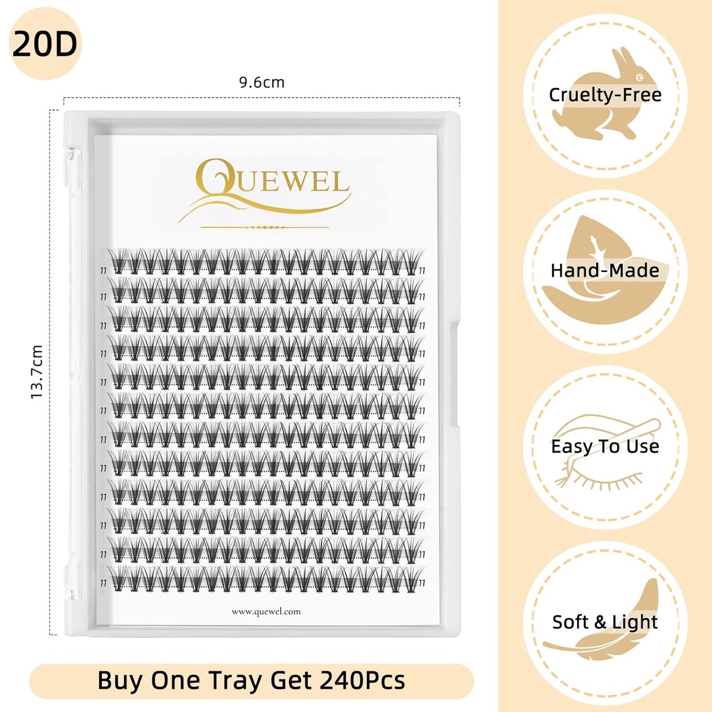 QUEWEL Cluster Lashes 240Pcs Individual Lashes 20D 0.07C Curl 11mm Knot-Free Lash Extensions Clusters Lashes Soft&Natural False Eyelashes Individual DIY Eyelash Extension at Home(20D 0.07C 11)