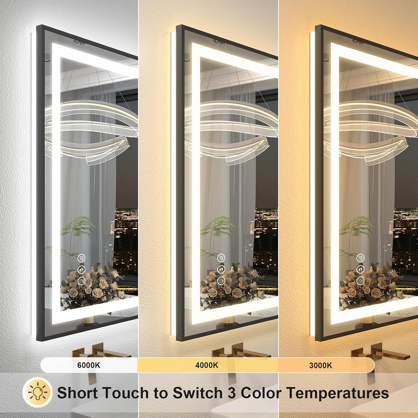 OKPAL LED Bathroom Mirror with Lights, 48x32 Black Frame LED Vanity Mirror, Lighted Mirrors for Bathroom Wall, Front and Backlit, Dimmable, Anti-Fog, 3 Colors, Shatterproof, ETL Listed