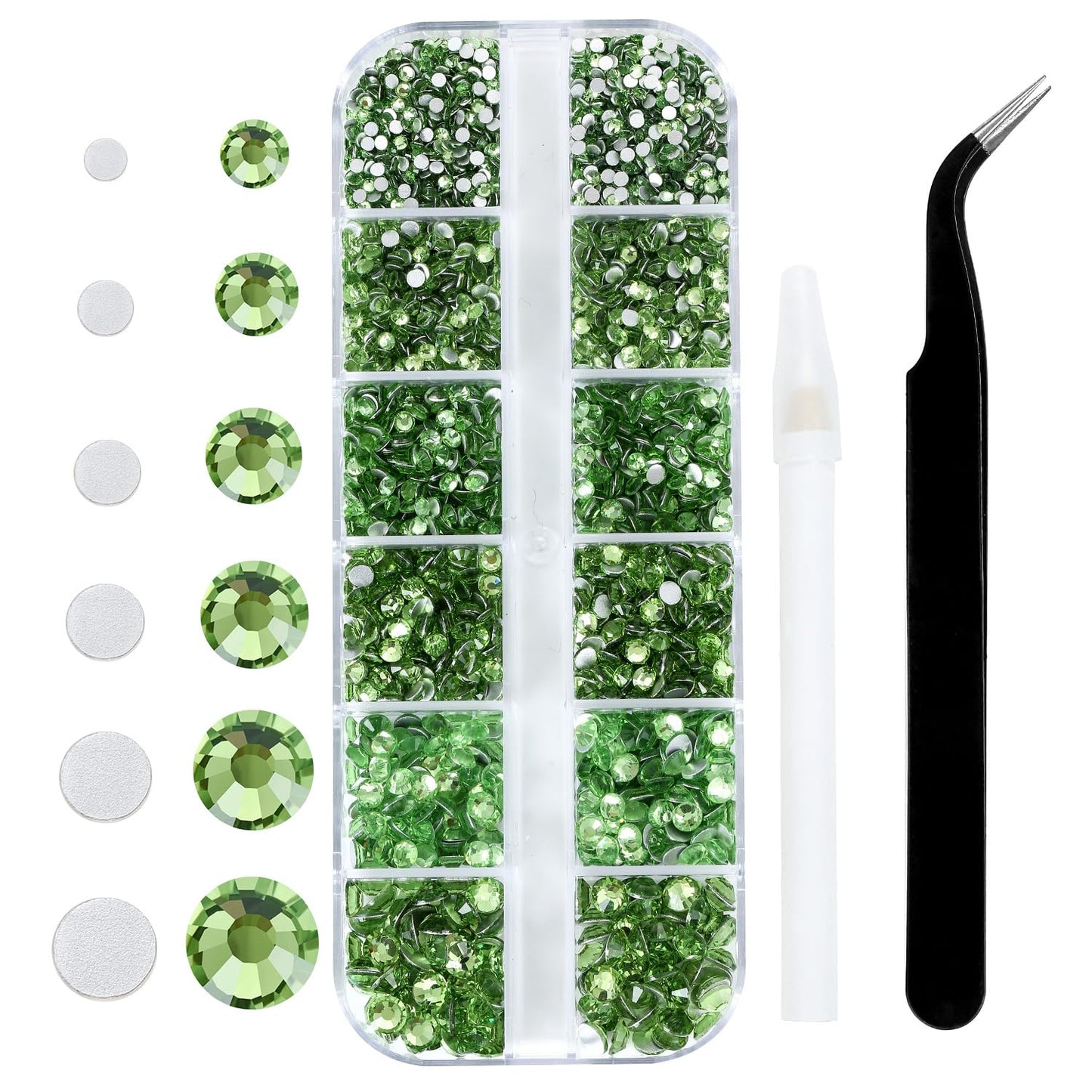 4240Pcs Lt. Green Flatback Rhinestones 6 Sizes Crystal Diamonds for Nail Art Crafts Clothes Shoes with Tweezers and Picking Pen