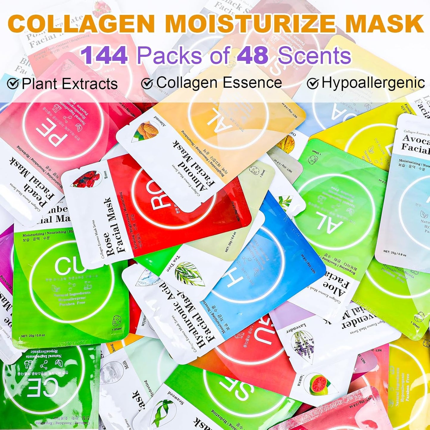VESPRO 144 Pack Collagen Essence Sheet Facial Masks, Bulk Sheet Masks for Face, Hydrating Facial Masks for All Skin Types, Moisturizing and Soothing, Natural Skincare Spa Face Mask