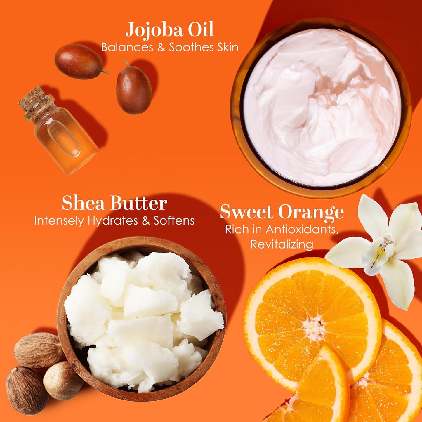Sweet Orange Body Butter - Raw Shea Butter with Jojoba Oil, Orange Vanilla Body Lotion Scented with Essential Oils, No Synthetic Fragrances, Full Body Moisturizer for Dry Skin