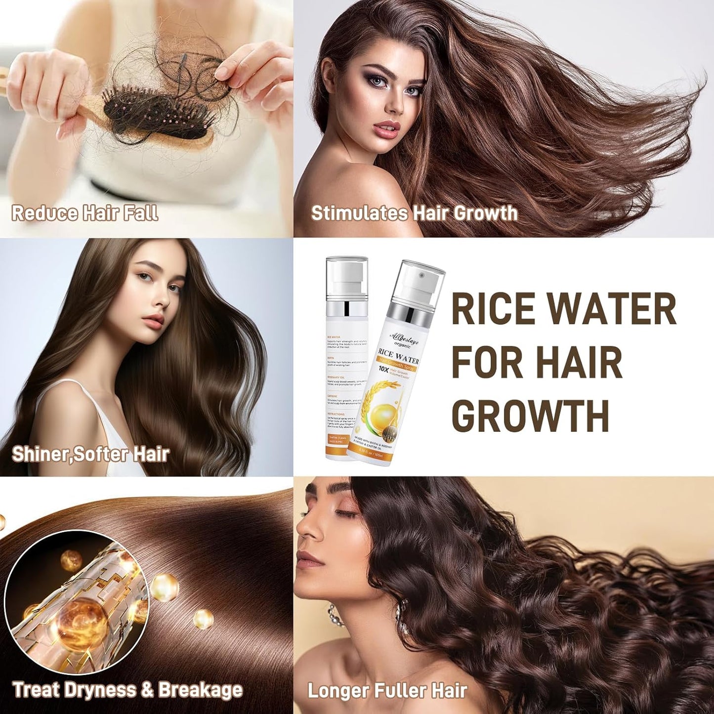 Rice Water Hair Growth Serum - Infused with Rosemary, Biotin, Caffeine, Non-Greasy Formula for Hair Loss, Damaged & Dry Hair, Thicker, Longer, Fuller Hair (3.38 OZ(Upgrade))